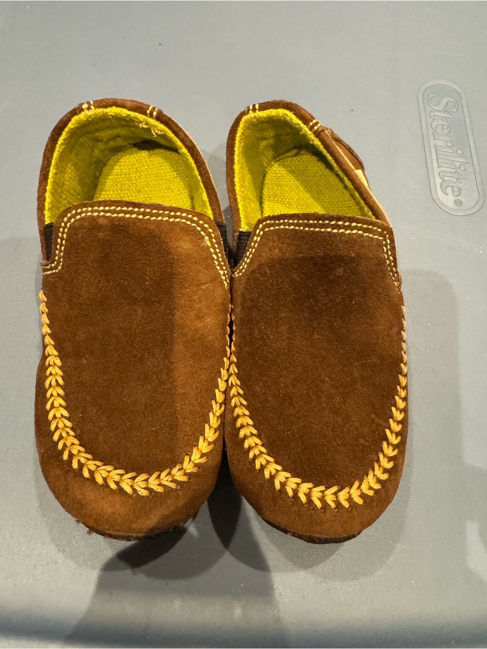NWOT Sole Rebels Brown Suede Baby Moccasins with Yellow Stitching